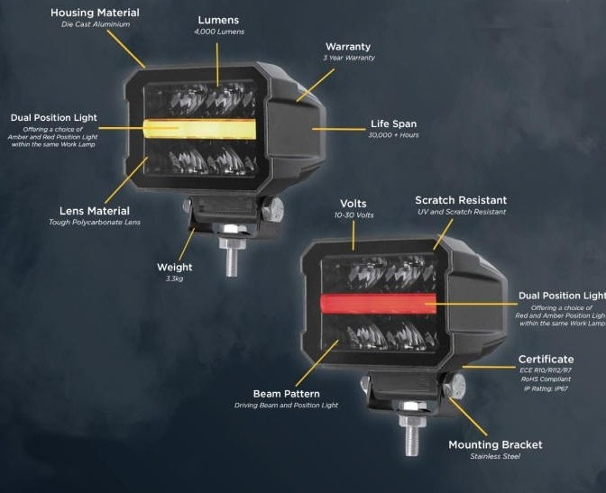 Proiector LED cu lumină albă și lumini de zi DRL roșu-portocaliu 12V - 24V E-mark [7]