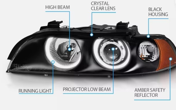 Faruri cu Angel Eyes pentru BMW E39 (1997-2003) Carcasă neagră, lentilă clară, becuri halogen [3]