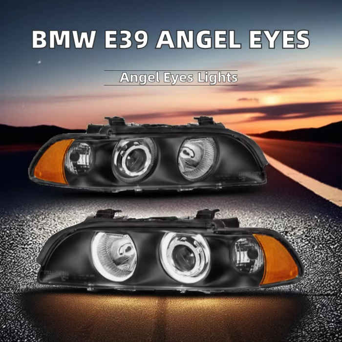 Faruri cu Angel Eyes pentru BMW E39 (1997-2003) Carcasă neagră, lentilă clară, becuri halogen [2]