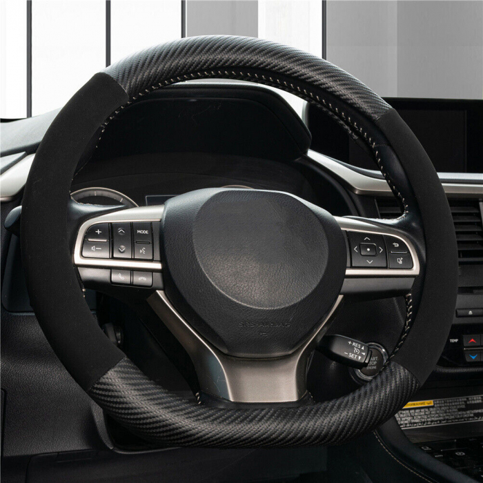 Husă pentru volan, forma D-SHAPE, piele ecologică și velur, universală, neagră cu aspect de carbon, 37-38 cm [2]