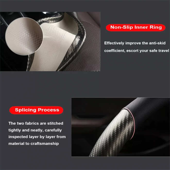 Husa universala din piele pentru volan cu design carbon – Negru cu banda rosie 37–38 cm [6]