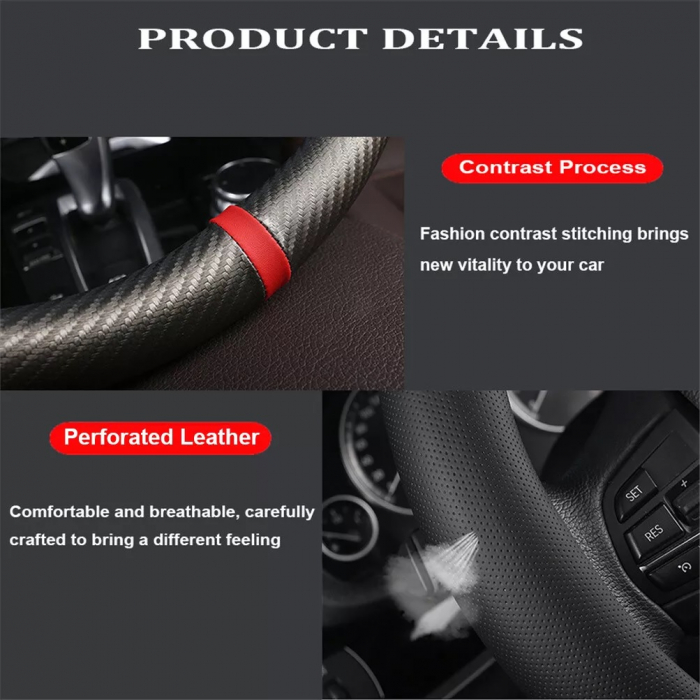 Husa universala din piele pentru volan cu design carbon – Negru cu banda rosie 37–38 cm [5]