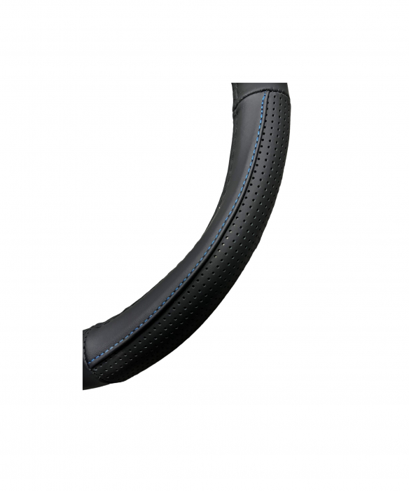 Husa volan din piele cu gaurele, marimea M 37-38 cm - culoare negru cusatura Albastra [2]