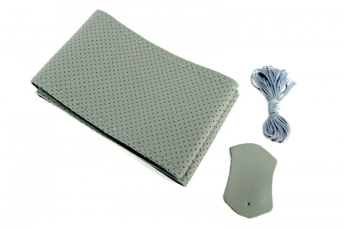Husa volan LUX FST01 cu ac si ata piele cu gaurele marime: M Culoare: gri cu cusatura gri- PREMIUM [1]