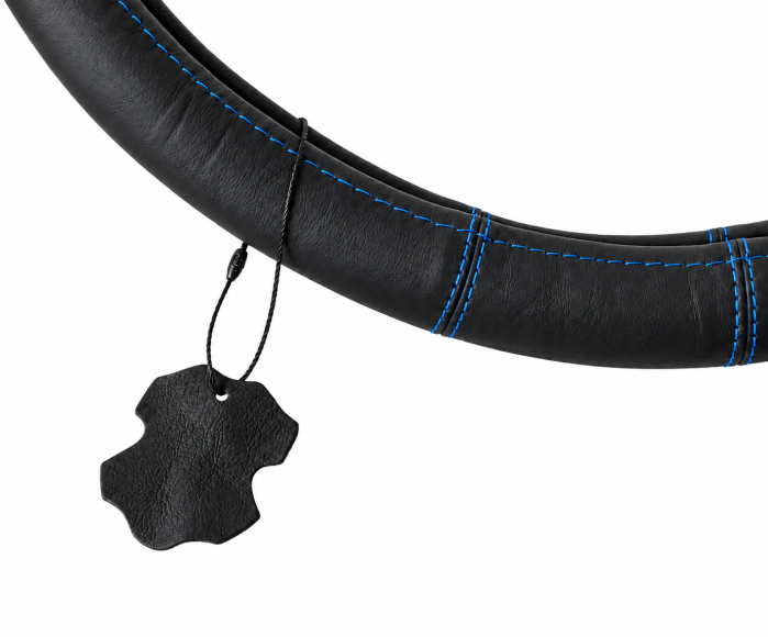 Husa volan pentru camion din piele naturala, 44-46 cm, Negru cu cusaturi albastre [2]