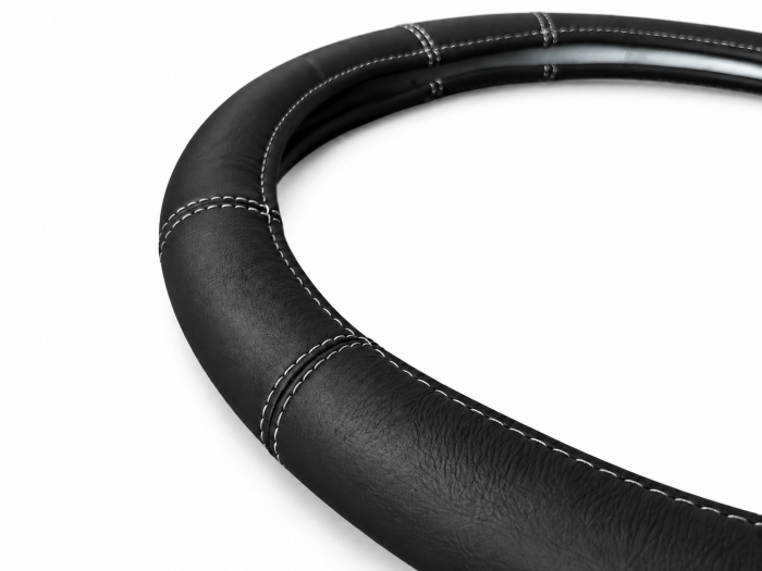 Husa volan pentru camion din piele naturala, 44-46 cm, Negru cu cusaturi gri [3]