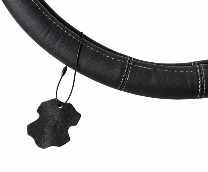 Husa volan pentru camion din piele naturala, 44-46 cm, Negru cu cusaturi gri [2]