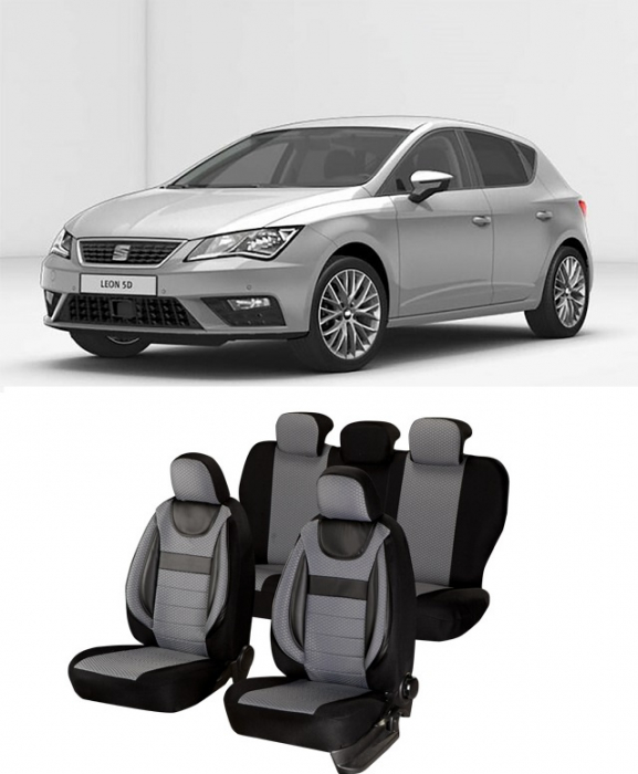 Huse scaune auto dedicate Seat Leon 2013 - 2019 Premium cu insertii piele [3]