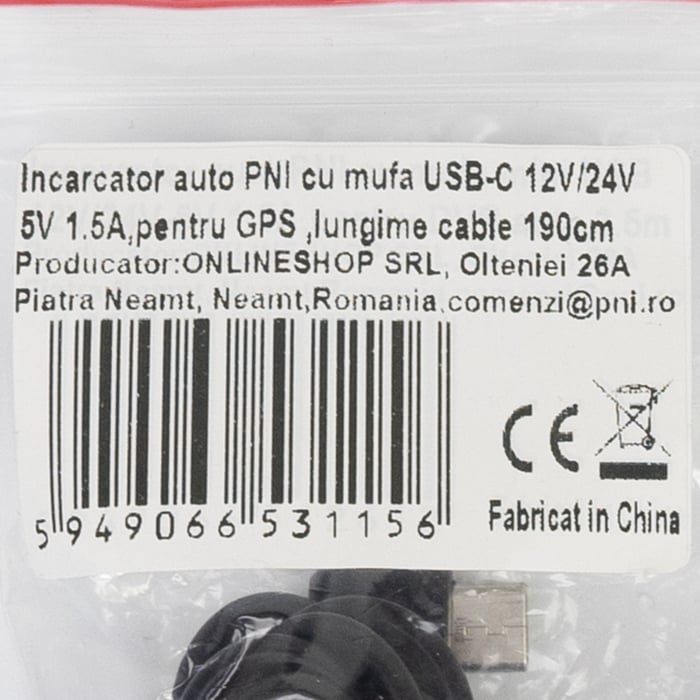 Incarcator auto PNI cu mufa USB-C 12V/24V - 5V 2A, pentru GPS, lungime cablu 190 cm [3]