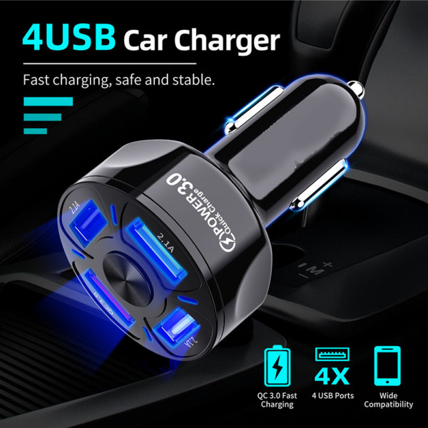 Incarcator auto USB cu lumina LED, 3A, QC3.0, 4 porturi USB, Incarcare rapida, Negru [5]