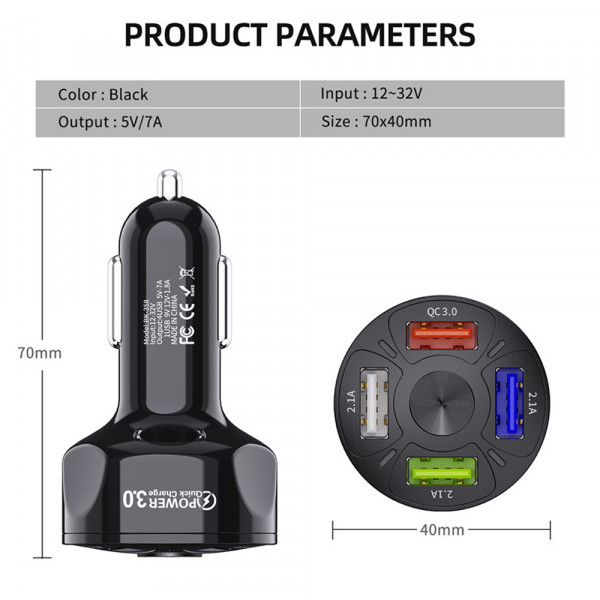 Incarcator auto USB cu lumina LED, 3A, QC3.0, 4 porturi USB, Incarcare rapida, Negru [2]