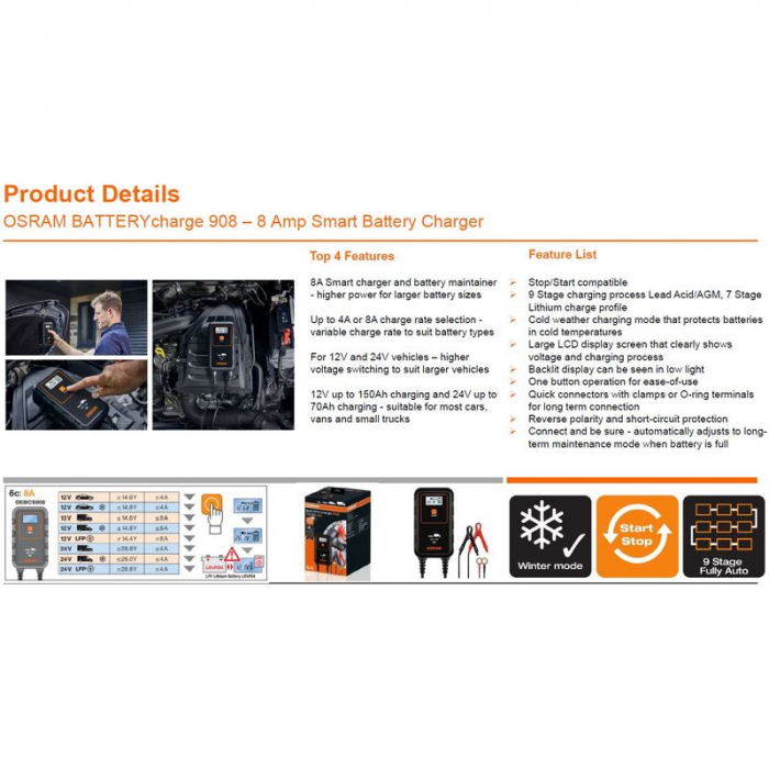 Redresor Incarcator baterii Osram 908 12V/24V 8A [2]