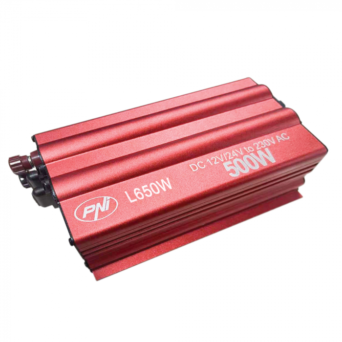 Invertor de tensiune PNI L650W alimentare duala 12V/24V, iesire 230V, 500W, sinus modificat, mufa USB 5V 500mAh, cu clesti alimentare si mufa de bricheta inclusa [1]