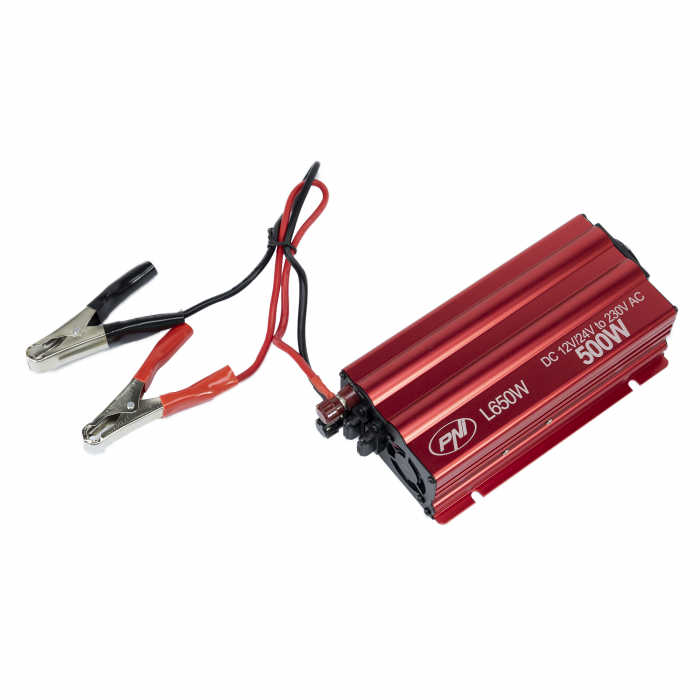 Invertor de tensiune PNI L650W alimentare duala 12V/24V, iesire 230V, 500W, sinus modificat, mufa USB 5V 500mAh, cu clesti alimentare si mufa de bricheta inclusa [12]