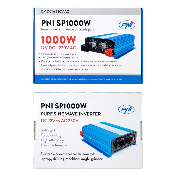 Invertor de tensiune PNI SP1000W cu sinusoida pura, alimentare 12V sinus pur [7]