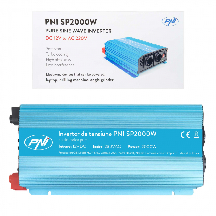 Invertor de tensiune PNI SP2000W cu sinusoida pura, intrare 12V DC, iesire 230V AC, putere 2000W [9]