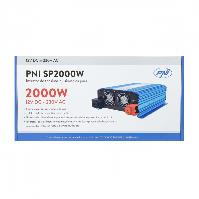 Invertor de tensiune PNI SP2000W cu sinusoida pura, intrare 12V DC, iesire 230V AC, putere 2000W [14]