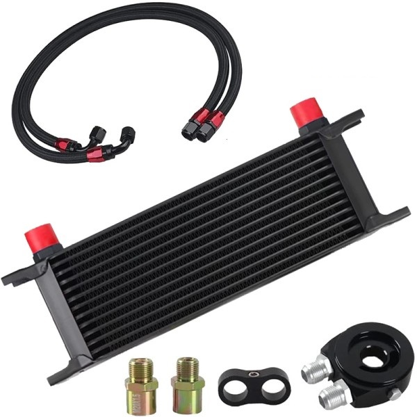 Kit complet radiator ulei universal din aluminiu, 13 randuri, 330 x 50 x 95 mm, AN10 37°, cu furtunuri si adaptor pentru filtru de ulei, negru [3]