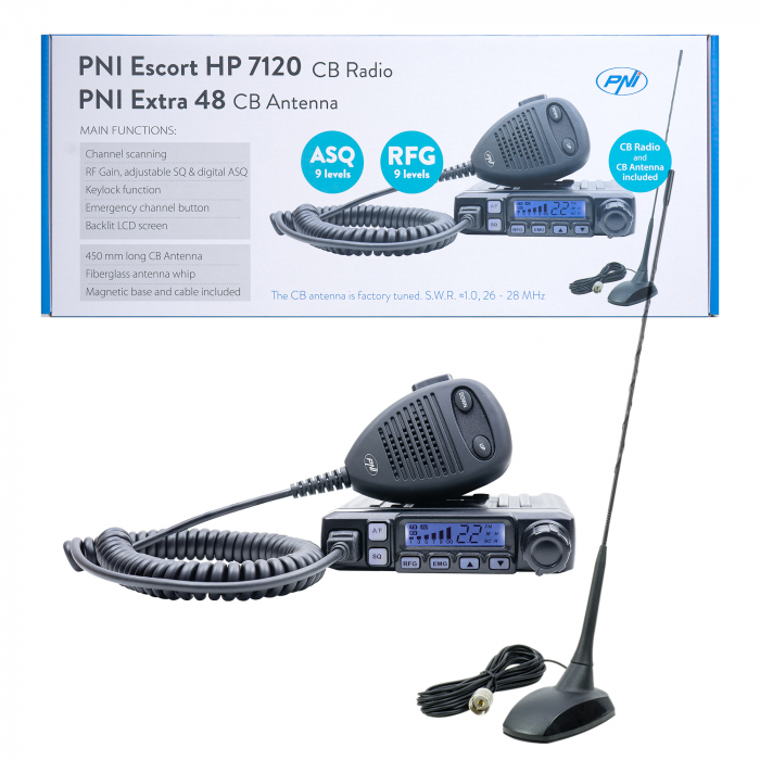 Kit statie radio CB PNI Escort HP 7120 ASQ, RF Gain, 4W, 12V si antena CB PNI Extra 48 cu magnet inclus, 45cm, SWR 1.0 AM/FM comutati doar in banda EU [14]