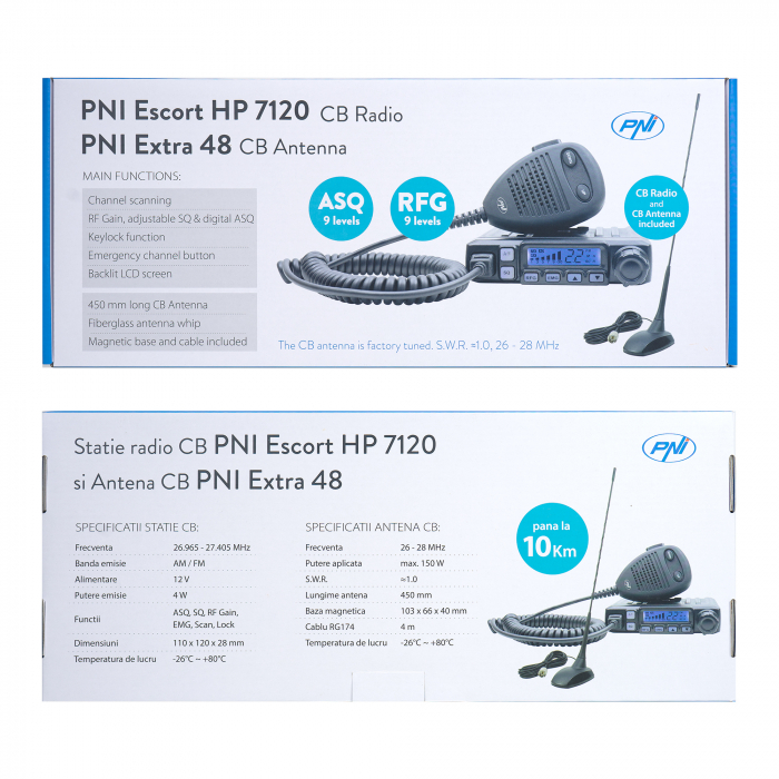 Kit statie radio CB PNI Escort HP 7120 ASQ, RF Gain, 4W, 12V si antena CB PNI Extra 48 cu magnet inclus, 45cm, SWR 1.0 AM/FM comutati doar in banda EU [15]