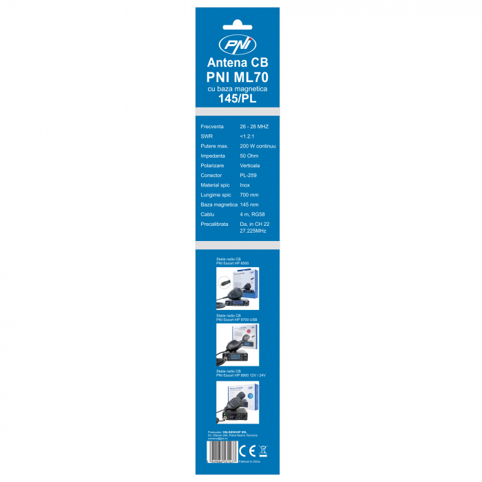 Kit Statie radio CB President RONALD ASC 10/12M + Antena CB PNI ML70, lungime 70cm, 26-30MHz, 200W [2]
