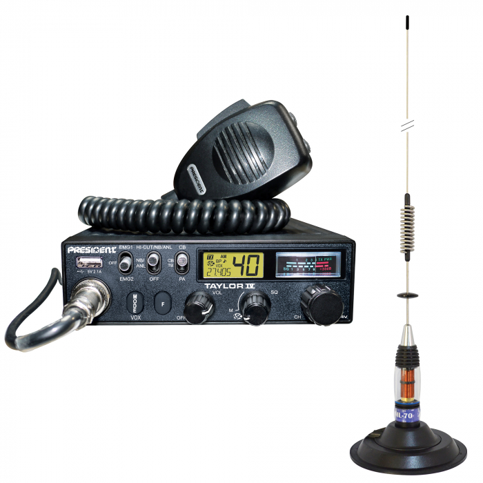 Kit Statie radio CB President TAYLOR IV ASC + Antena CB PNI ML70, lungime 70cm, 26-30MHz, 200W [1]