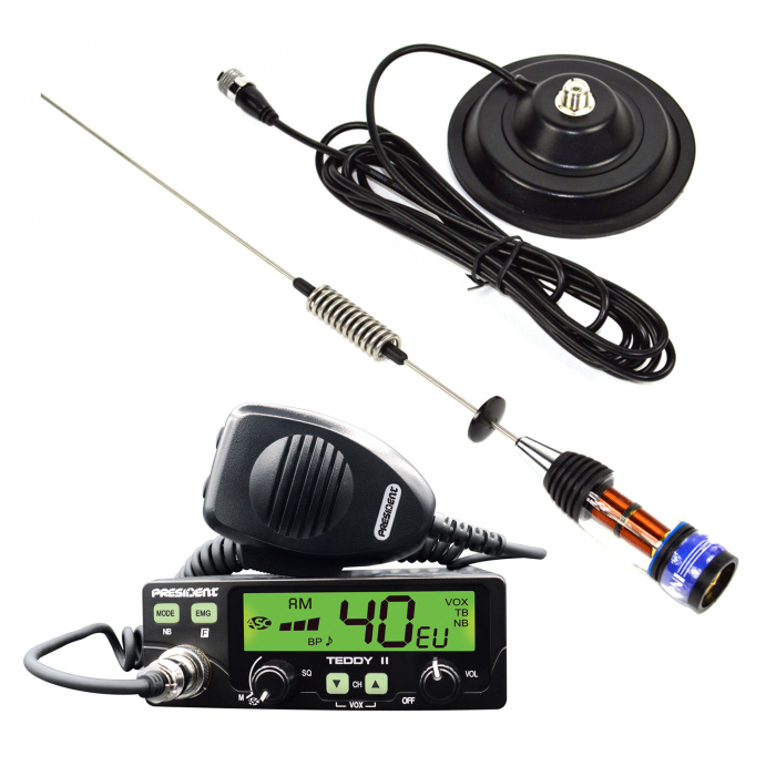 Kit Statie radio CB President Teddy II ASC AM/FM, VOX, NB, ANL, 12V + Antena CB PNI ML70, lungime 70cm, 26-30MHz, 200W [2]