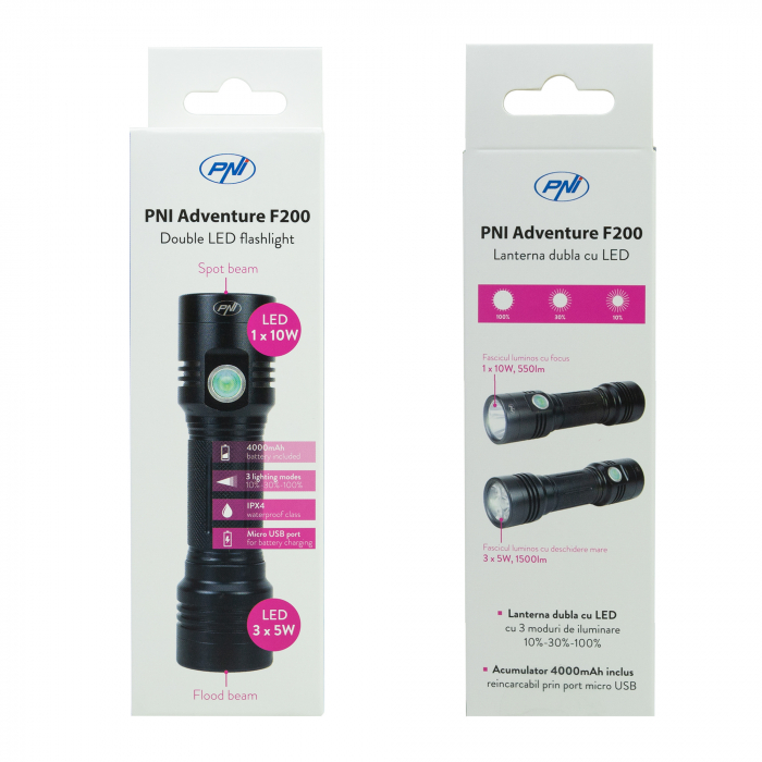 Lanterna dubla PNI Adventure F200 din aluminiu cu LED, acumulator 4000mAh si port micro USB, 3 LED-uri cu deschidere mare si unul cu focus, ambele au 3 niveluri de putere [16]