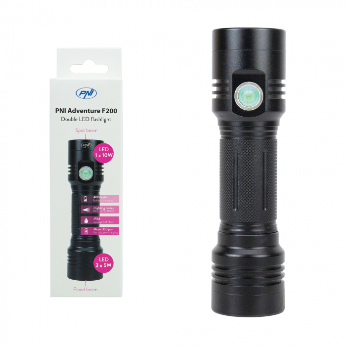Lanterna dubla PNI Adventure F200 din aluminiu cu LED, acumulator 4000mAh si port micro USB, 3 LED-uri cu deschidere mare si unul cu focus, ambele au 3 niveluri de putere [15]