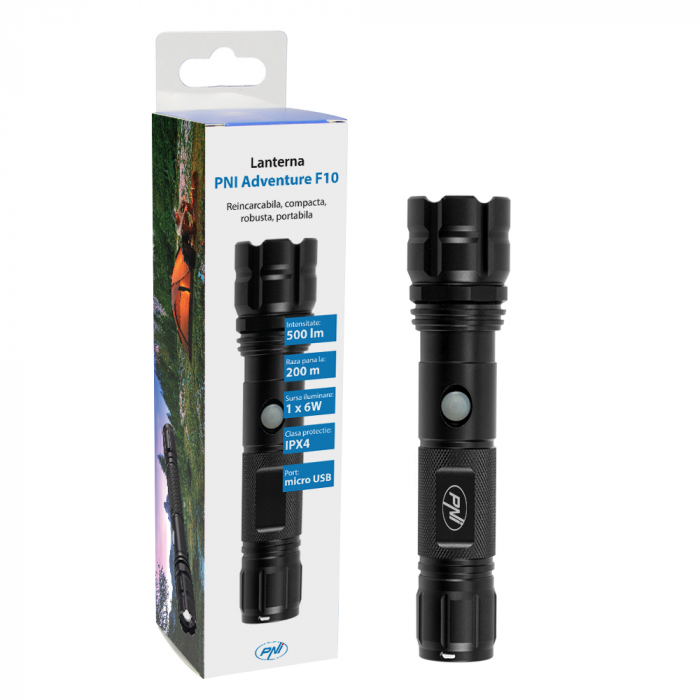 Lanterna PNI Adventure F10 din aluminiu cu LED 1x6W, 500lm pana la 200m focus, cu acumulator si port USB-C [7]