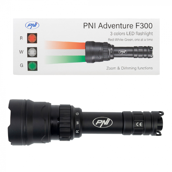Lanterna PNI Adventure F300 cu LED in 3 culori, alb, rosu, verde, max. 10W, IPX6, distanta 536 m, flux luminos 540 lm, acumulator 18650 3000mAh inclus, incarcator pentru acumulator inclus, functie zoo [6]