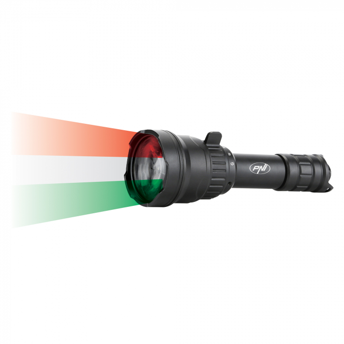 Lanterna PNI Adventure F300 cu LED in 3 culori, alb, rosu, verde, max. 10W, IPX6, distanta 536 m, flux luminos 540 lm, acumulator 18650 3000mAh inclus, incarcator pentru acumulator inclus, functie zoo [2]