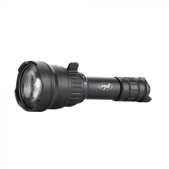 Lanterna PNI Adventure F300 cu LED in 3 culori, alb, rosu, verde, max. 10W, IPX6, distanta 536 m, flux luminos 540 lm, acumulator 18650 3000mAh inclus, incarcator pentru acumulator inclus, functie zoo [1]