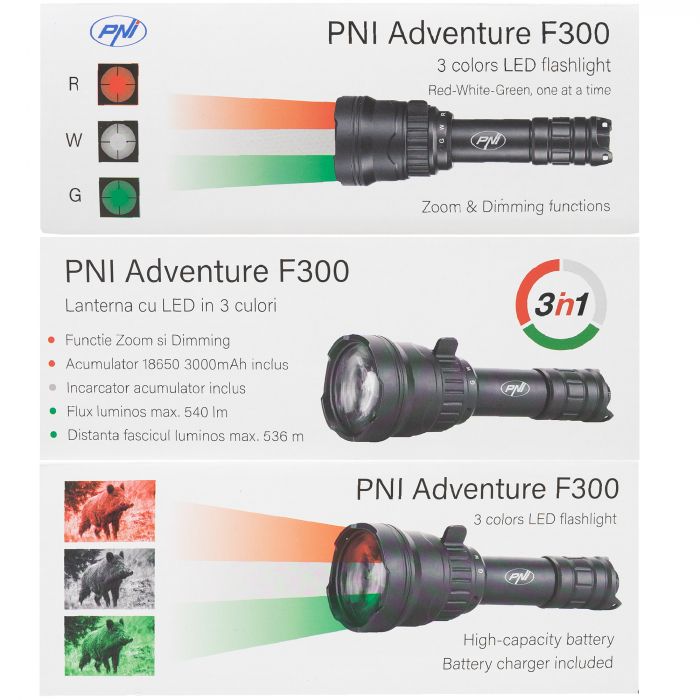 Lanterna PNI Adventure F300 cu LED in 3 culori, alb, rosu, verde, max. 10W, IPX6, distanta 536 m, flux luminos 540 lm, acumulator 18650 3000mAh inclus, incarcator pentru acumulator inclus, functie zoo [13]