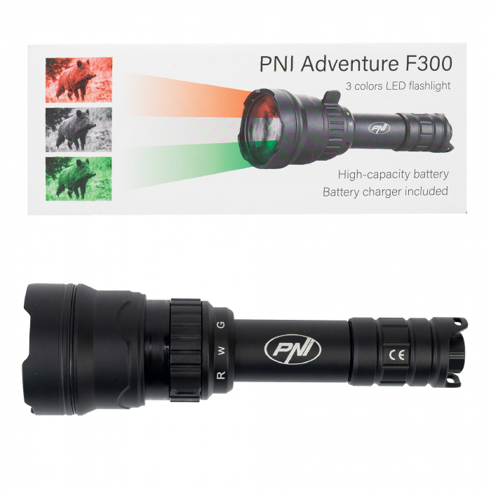 Lanterna PNI Adventure F300 cu LED in 3 culori, alb, rosu, verde, max. 10W, IPX6, distanta 536 m, flux luminos 540 lm, acumulator 18650 3000mAh inclus, incarcator pentru acumulator inclus, functie zoo [5]