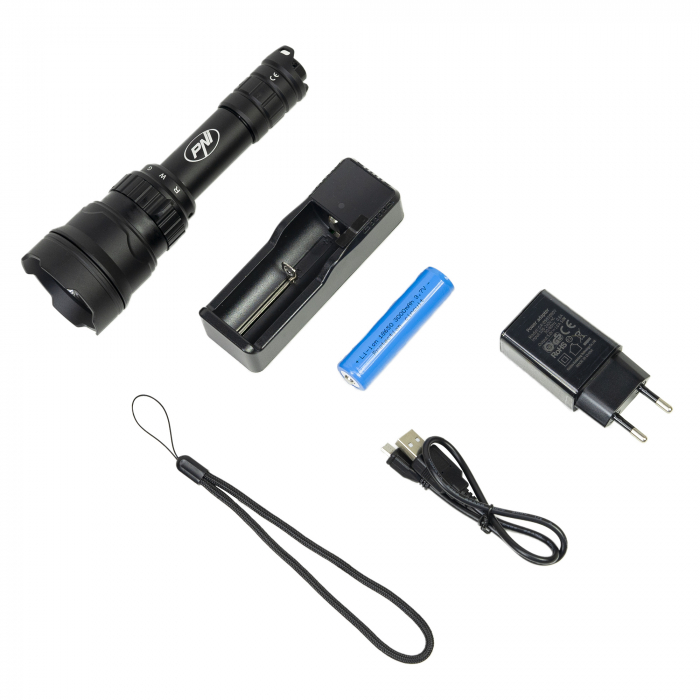 Lanterna PNI Adventure F300 cu LED in 3 culori, alb, rosu, verde, max. 10W, IPX6, distanta 536 m, flux luminos 540 lm, acumulator 18650 3000mAh inclus, incarcator pentru acumulator inclus, functie zoo [19]