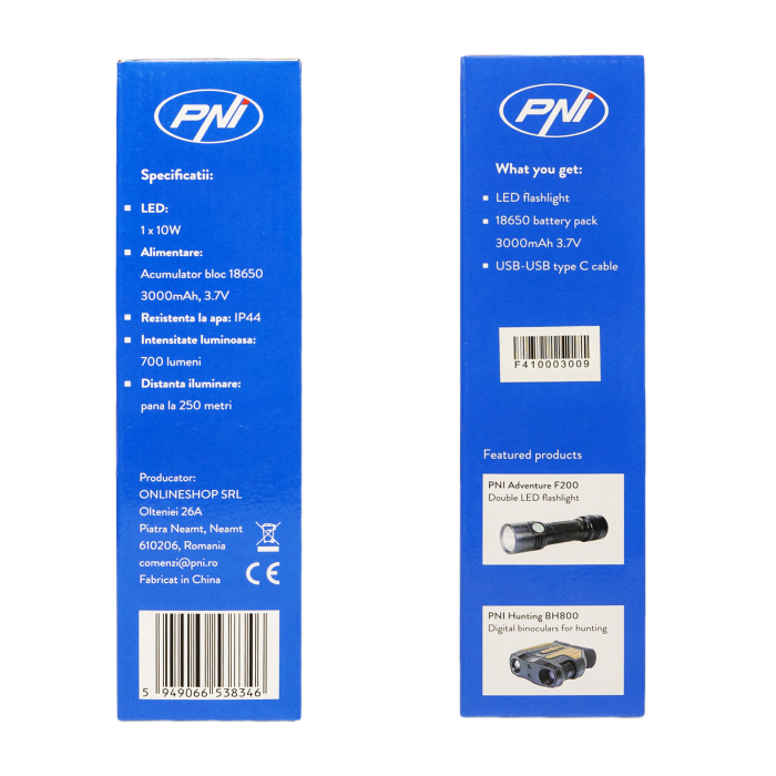 Lanterna PNI Adventure F410 din aluminiu, cu LED 10W, 700 lumeni, pana la 250 m, IP44, USB Tip C, acumulatori 3000mAh inclusi [10]