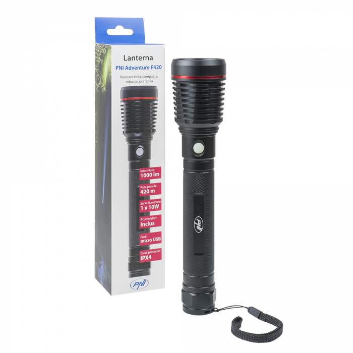 Lanterna PNI Adventure F420 din aluminiu cu led 1000lm pana la 420m, acumulator 8000 mAh, functioneaza 10 ore continuu, incarcare micro USB [1]
