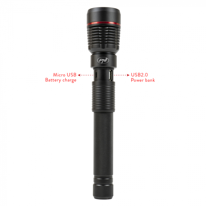 Lanterna PNI Adventure F450 din aluminiu cu focus si functie BOOST, led 20 W, 1500 lm pana la 450 m, IPX5, power bank cu iesire USB, incarcare prin micro USB, acumulator 4400 mAh inclus, functioneaza [5]