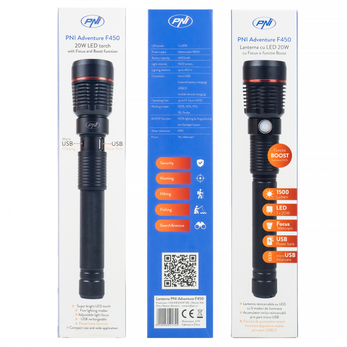 Lanterna PNI Adventure F450 din aluminiu cu focus si functie BOOST, led 20 W, 1500 lm pana la 450 m, IPX5, power bank cu iesire USB, incarcare prin micro USB, acumulator 4400 mAh inclus, functioneaza [10]