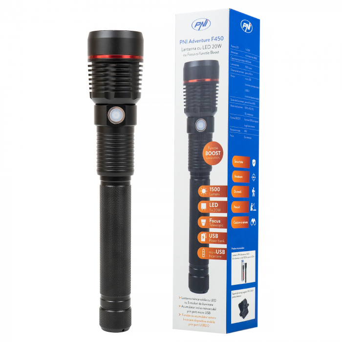 Lanterna PNI Adventure F450 din aluminiu cu focus si functie BOOST, led 20 W, 1500 lm pana la 450 m, IPX5, power bank cu iesire USB, incarcare prin micro USB, acumulator 4400 mAh inclus, functioneaza [9]