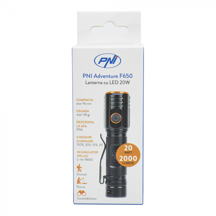 Lanterna PNI Adventure F650 cu LED 20W, 2000lm, din aluminiu, IPX6, acumulator inclus, incarcare prin USB tip C [9]
