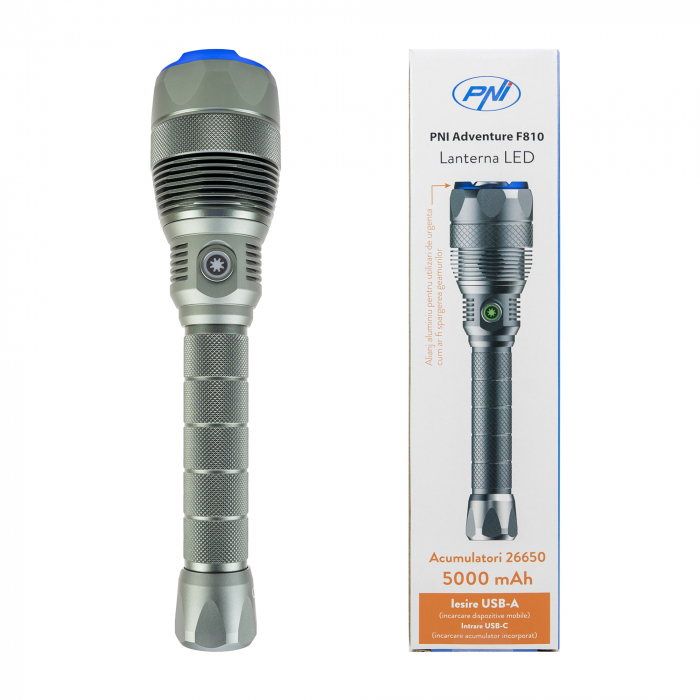 Lanterna PNI Adventure F810 cu LED 138 W, 3 niveluri iluminare plus Turbo, 12000 lumeni, zoom, pana la 250 m, acumulator 5000 mAh, IPX7, functie Power BanK [2]