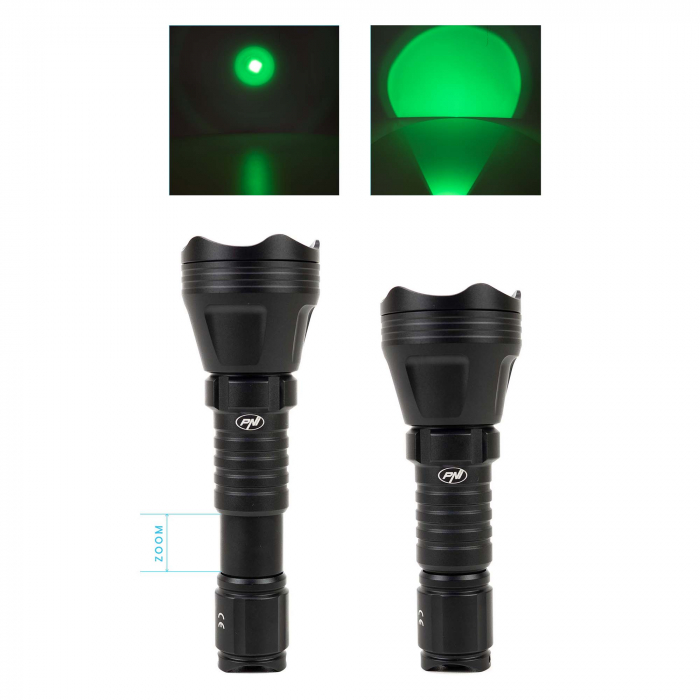Lanterna PNI Adventure FBG158 cu LED, lumina verde, distanta 650 m, functie zoom si dimming, acumulator 18650 3000mAh si incarcator inclus, IP68, negru [3]