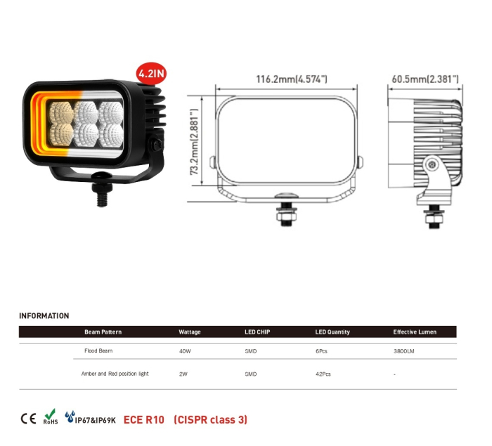 Proiector LED Halogen 42W - Alb, Lumina difuza cu lumina DRL galbena si rosie 12-24V [2]