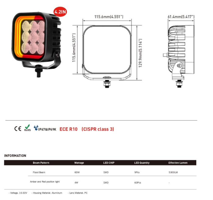 Proiector LED Halogen 60W - Alb, Lumina difuza cu lumina DRL galbena si rosie 12-24V [2]