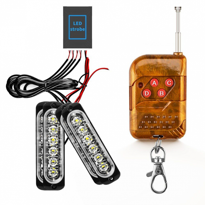 Stroboscoape LED Lumină de avertizare urgență, grilă față, spate cablare modul de cutie si telecomand, 12 -24 V, 4 buc [8]