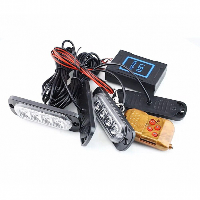 Stroboscoape LED Lumină de avertizare urgență, grilă față, spate cablare modul de cutie si telecomand, 12 -24 V, 4 buc [9]