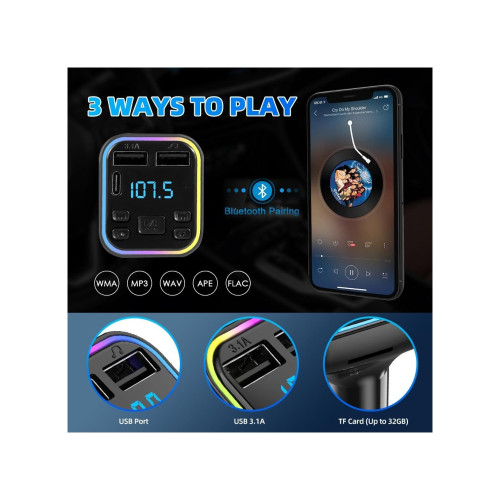 Modulator FM auto Bluetooth 5.0 Type-C dual USB 3.1A incarcare rapida RGB afisaj LED Cod: RAZ152 [4]