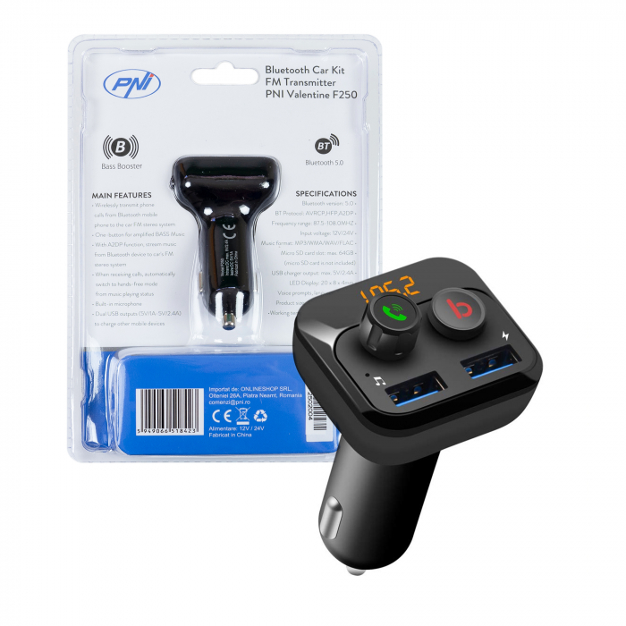 Modulator FM PNI Valentine F250 Bluetooth 5.0, MP3 player, transmitator FM, slot micro SD, port USB dual, incarcare rapida dispozitive mobile, buton super bass [8]